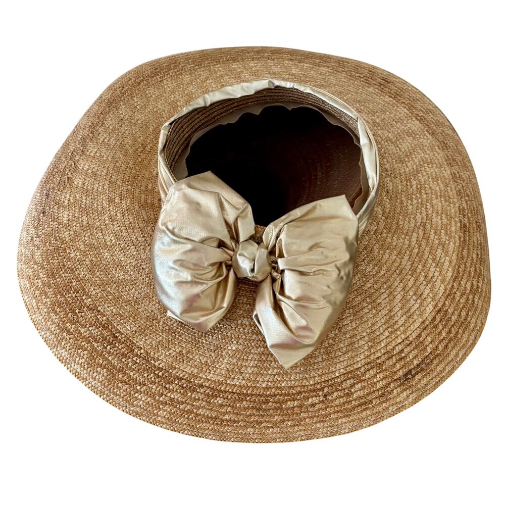 Vintage Deborah Rhodes Mocha Straw Hat Gold Metallic Bow Trim Sun Beach 19" W